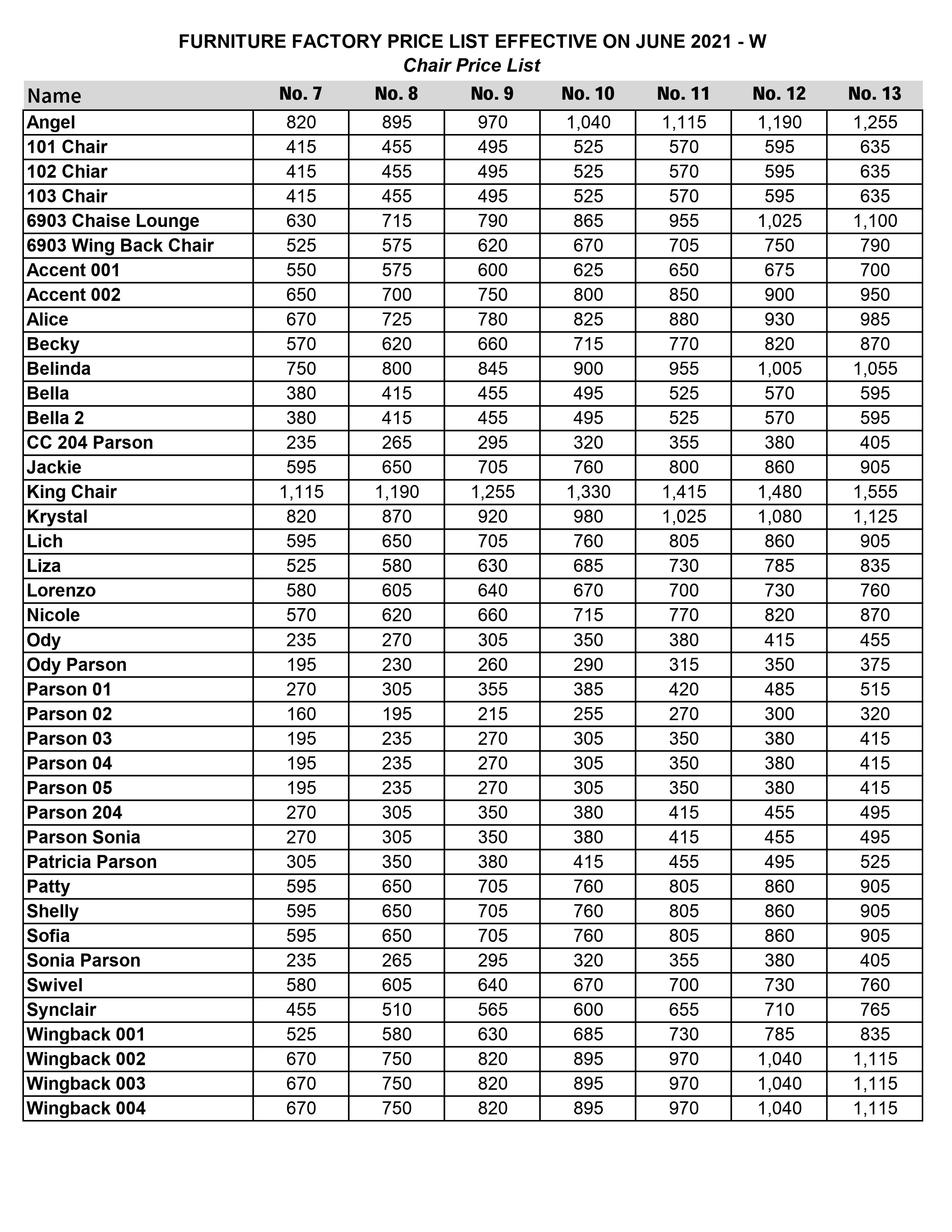 Chair Price List